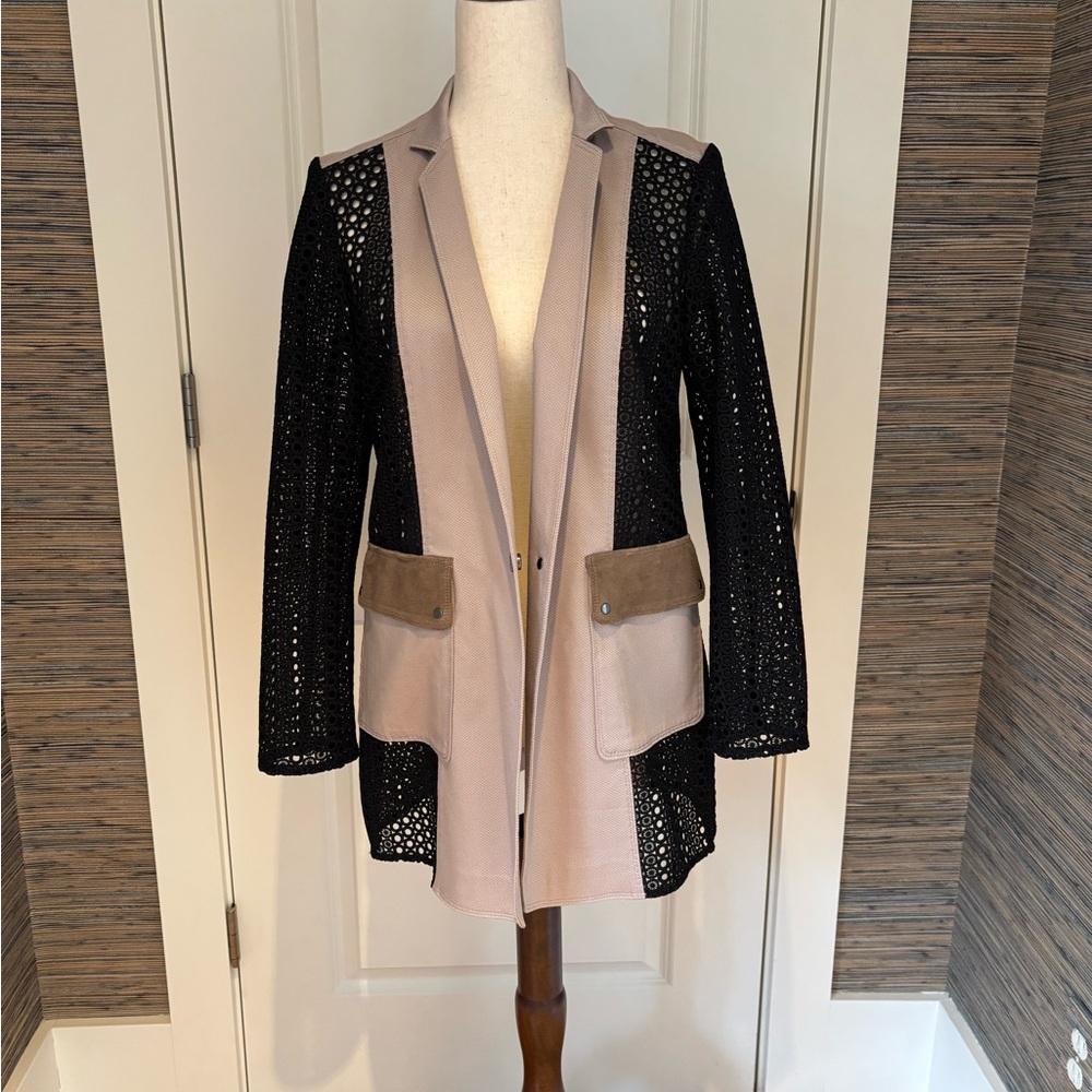 Per Se Beige Blazer with Black Openwork Knit Sleeves